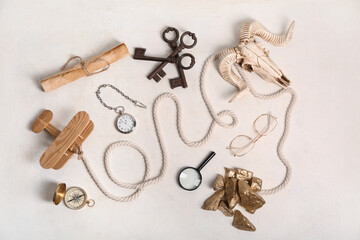 Sheep scull with travel equipment, airplane toy and golden nuggets on white background © Pixel-Shot