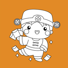 Cute Kids Chinese New Year Celebration Holliday Cartoon Digital Stamp Outline