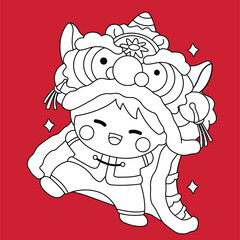 Cute Kids Chinese New Year Celebration Holliday Cartoon Digital Stamp Outline