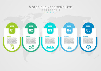 Infographic 5 step business template multicolored semicircle bottom white curved square top The bottom middle letter has multi-colored icons. The top circle has numbers, the bottom has a map.