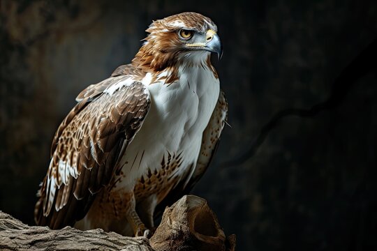 Side view of Bonelli's Eagle standing on old wood AI Generative