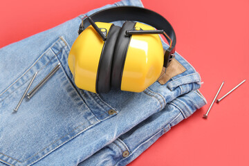 Earmuffs, nails and jeans on red background. Labor Day celebration