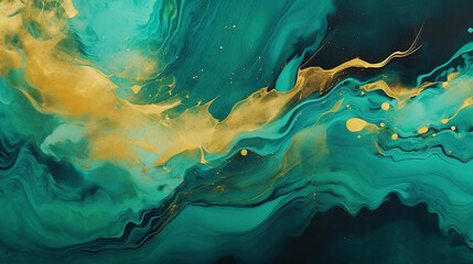 Fluid art texture design. Background with floral mixing paint effect. Mixed paints for posters or wallpapers. Gold and Emerald Green overflowing colors. Liquid acrylic picture that flows and splash