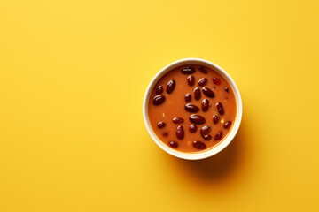 Warm red bean soup on a yellow background with copy space