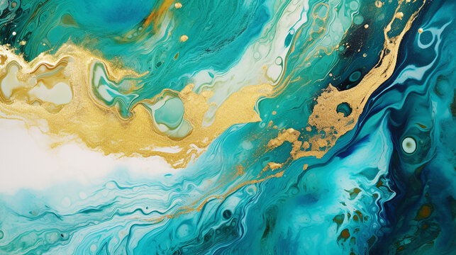 Fluid art texture design. Background with floral mixing paint effect. Mixed paints for posters or wallpapers. Gold and emerald overflowing colors. Liquid acrylic picture that flows and splash