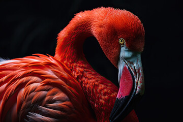 Portrait macro of Caribbean Flamingo on the dark background AI Generative