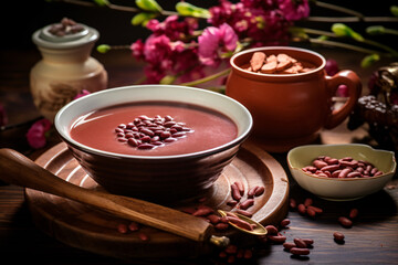 Warm red bean soup on table