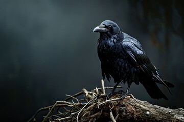 Fototapeta premium Right side view of Carrion Crow standing on old branch AI Generative
