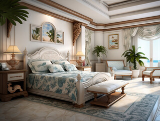 Mediterranean Elegance Unveiled: A Bedroom Oasis Immersed in the Timeless Beauty of Mediterranean Interior Design Style. Rich Colors, Earthy Textures, and Classic Accents Create a Tranquil Retreat of 