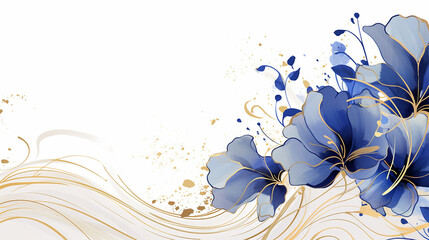 floral background with marble pattern. Watercolor Royal Blue background with elements of gold splashes. Great for backgrounds, websites, postcards, invitations, banners, brochures, brochures