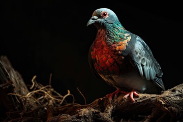 Portrait beautiful of Columba livia domestica standing on wood root AI Generative