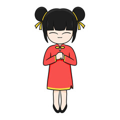 Chinese New Year Cartoon Character illustration: Adorable Girl with Black Hair and Lucky Aura.