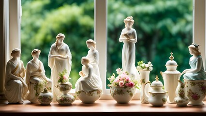 the whimsy of a porcelain figurine collection arranged artfully on a windowsill.
