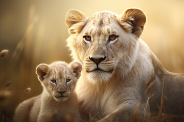Naklejka premium Mother love between lovely a lion and a cub created. generative ai