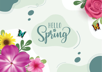 Hello spring greeting vector design. Spring season greeting card with blooming daisy, cherry blossom and rose flowers in water color abstract template. Vector illustration spring season greeting card.