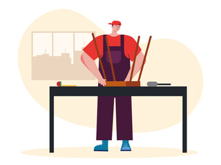 Woodworker is making a chair. Woodwork vector illustrations.