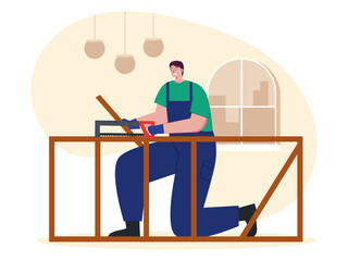 Workers are sawing wood. Woodwork vector illustrations.