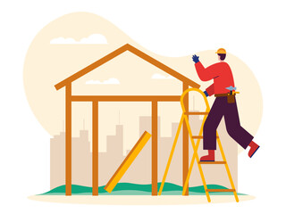 Workers make the frame of the house. Woodwork vector illustrations.