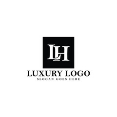 LH monogram vector logo. Serif logo within a black rectangle. Suitable for luxury product, brand, business, and company.