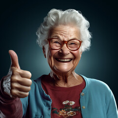 Joyful Elderly Woman Expressing Positivity: Vibrant Image of a Cheerful Senior Lady Smiling Widely Against a Monochromatic Background, Thumbs Up Gesture, Radiating Happiness and Positivity. Lifestyle 