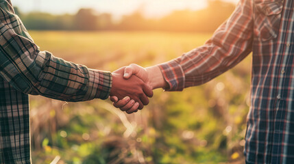 close up of farmers  shaking hands in a agricultural area