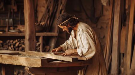 Representation of Jesus working as a carpenter