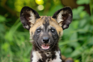 A funny African Wild Dog pup, part of a playful parade