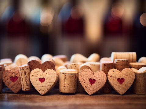 Heartfelt Cheers: Wine Corks Shaped as Hearts Against a Blurred Background of Wine Bottles, Radiating Good Vibes and Inspiration. Atmospheric Photo for Elevated Mood