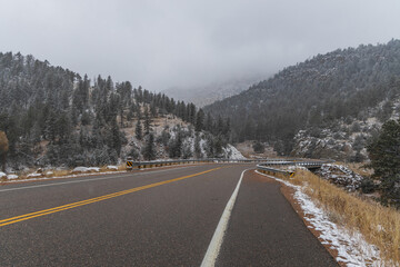 road with lots of snow and trees around it in Colorado, United States