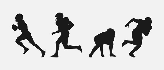 set of silhouettes of american football player with different pose, gesture. isolated on white background. vector illustration.