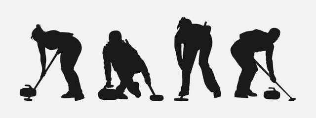 set bundle of curling sport silhouettes. vector illustration. - obrazy, fototapety, plakaty