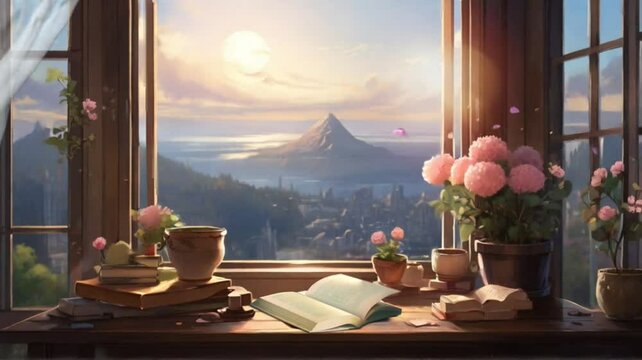 Beautiful view in front of the window with cool breeze. Smooth and repeatable animations.