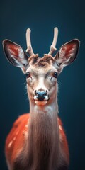 Portrait of a deer with antlers on a dark background.