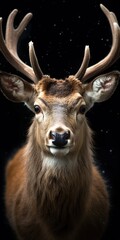 Close up portrait of a deer with antlers on a black background