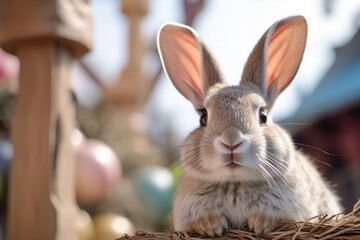 Fototapeta premium Rabbit with Easter eggs in the background. Selective focus. Easter Holiday