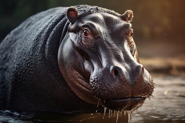 A close-up of a hippo taking a morning swim