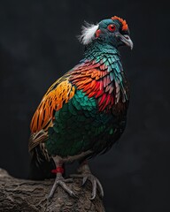 Fototapeta premium Beautiful Green Naped Pheasant Pigeon standing on old log AI Generative