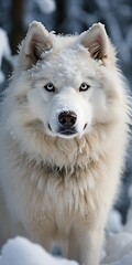 Obraz premium Portrait of a beautiful white dog in the winter forest. Samoyed