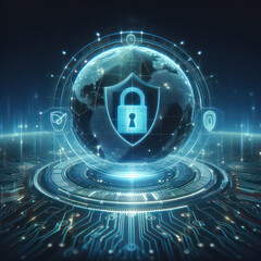 Digital cybersecurity and network protection, shield and padlock, Ciberseguridad digital y protecci&oacute;n de redes, escudo y candado. concept.