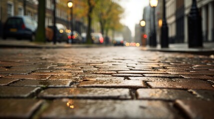 Street with cobblestone in Amsterdam, Netherlands. Blurred background