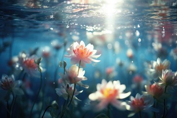 Fototapeta na wymiar Underwater Dream: Submerge flowers in water.