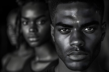 A black and white portrait of serious African American people looking at the camera.