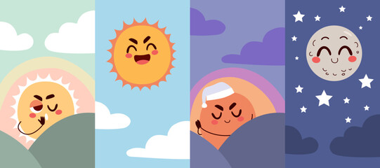 Four times of day vector illustration concept. Sun on the morning, day, afternoon and moon on night drawing