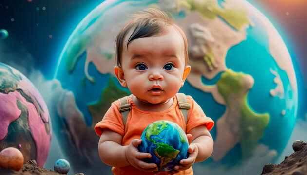 Planet Earth in the children's hands of a beautiful touching baby.