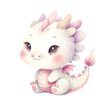 cute little dragon, symbol of the New Year 2024, mythical animal, watercolor illustration of a cute animal