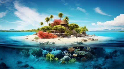 an image of a solitary island embraced by turquoise waters and surrounded by coral reefs