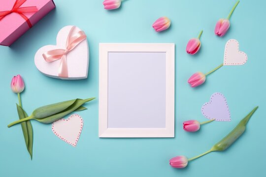 Mother's Day concept. Top view photo of photo frame tulips gift boxes envelope with postcard and heart shaped saucer with sprinkles on isolated pastel, Generative AI 
