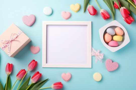 Mother's Day concept. Top view photo of photo frame tulips gift boxes envelope with postcard and heart shaped saucer with sprinkles on isolated pastel, Generative AI 