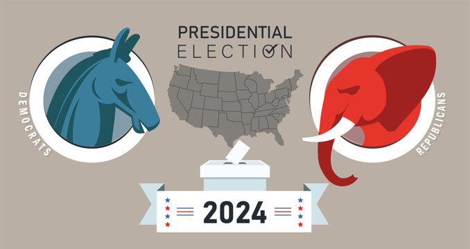 US Presidential Election Banner Background for year 2024. USA Map with state outlines. American Election campaign between democrats and republicans. United States of America.