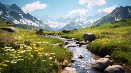 an image of a valley floor adorned with alpine flowers in full bloom